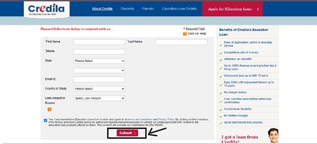 Credila Education Loan Application Process - Fill in all the required details