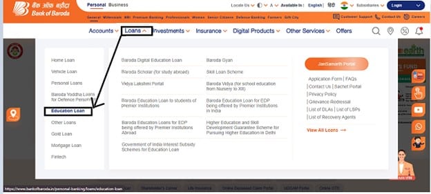 Navigate to the ‘Loans’ section on the dashboard and click on the ‘Education Loans’ option in the dropdown menu.