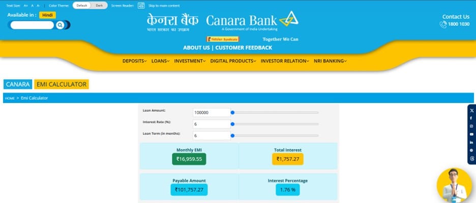 Canara Bank Education Loan EMI Calculator 1