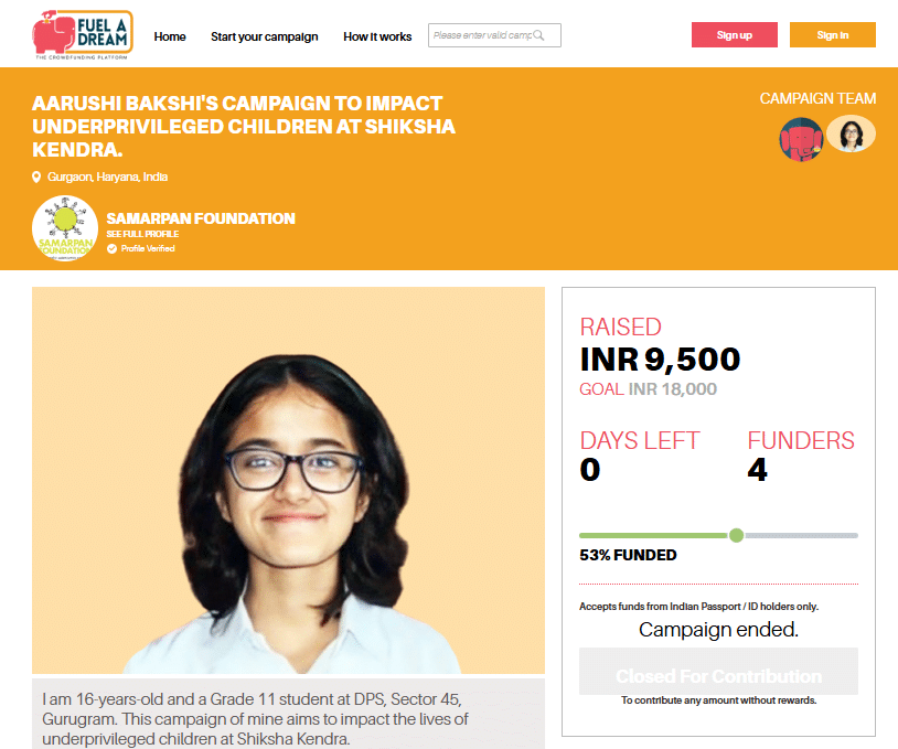 Aarushi Bakshi's Campaign for Shiksha Kendra